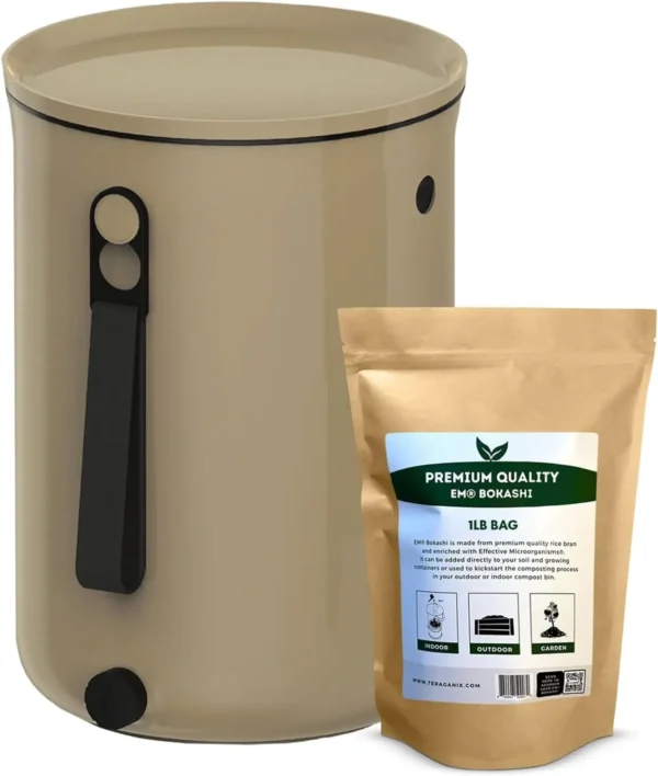 Bokashi Compost Bin + 1 Lb Bokashi Bran, Kitchen Countertop Composter, All Season Indoor Composting, Easily Drain Liquids, Odor