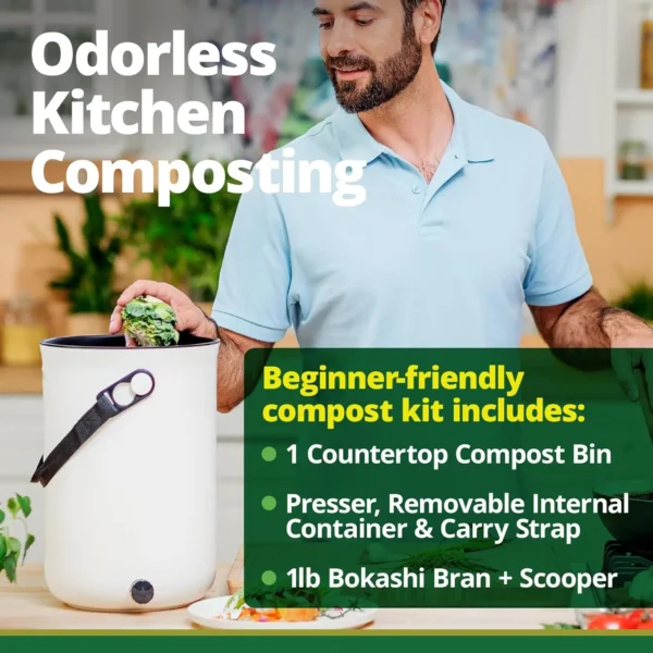Bokashi Compost Bin + 1 Lb Bokashi Bran, Kitchen Countertop Composter, All Season Indoor Composting, Easily Drain Liquids, Odor - Image 2