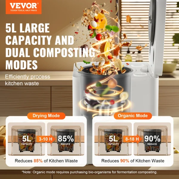VEVOR Kitchen Composter 5 L Electric Composter for Kitchen Indoor Kitchen Food Recycler Turn Food Waste into Natural Fertilizer - Image 2